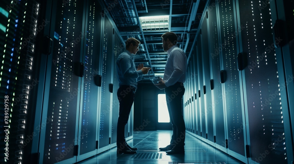 Aufkleber A data analytics professional in a data center uses advanced techniques and tools to identify and analyze large amounts of information. Internet speed optimization. Men in the Server Room
