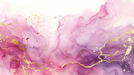 Abstract liquid fluid art painting background alcohol ink technique purple and gold with text space...