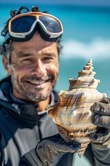 Oceanographer in casual sea wear, holding a conch shell, exploratory smile, ocean blue background - obrazy, fototapety, plakaty