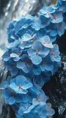 Pastelcolored hydrangeas with a waterfall, illustrating the soothing palette of spa aesthetics - obrazy, fototapety, plakaty