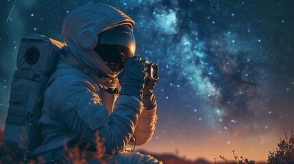 On a starry night, an old photographer in an astronaut suit captures the Milky Way with a vintage camera - obrazy, fototapety, plakaty