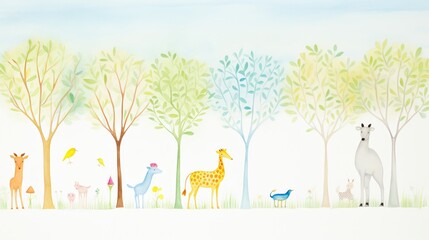Pastelhued watercolor illustration, featuring serene trees and animals in a whimsical setting cute, animation, technicolor, illustration - obrazy, fototapety, plakaty