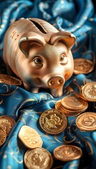 Piggy bank and coins on a satin fabric, with a luxurious, deep sapphire blue background - obrazy, fototapety, plakaty
