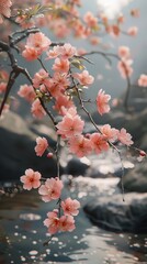 Pink blossoms with a backdrop of a quiet, forest stream, depicting the peaceful escape of spas - obrazy, fototapety, plakaty