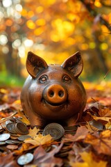 Piggy bank on a bed of autumn leaves and coins, with a rich, golden yellow fall background - obrazy, fototapety, plakaty