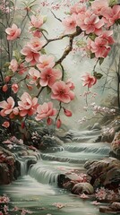 Pink blossoms with a backdrop of a quiet, forest stream, depicting the peaceful escape of spas - obrazy, fototapety, plakaty