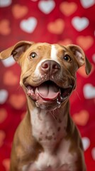 Pitbull with a loving smile, heart red background - obrazy, fototapety, plakaty