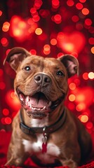 Pitbull with a loving smile, heart red background - obrazy, fototapety, plakaty