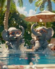 Playful cartoon elephants in 3D, chilling by a poolside, with sunglasses on, splashing water around - obrazy, fototapety, plakaty