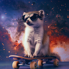 funny mammal animal portrait with sunglasses on a skateboard - by generative ai