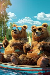 Playful 3D cartoon bears on a riverbank, wearing sunglasses, lazily fishing and sunbathing - obrazy, fototapety, plakaty