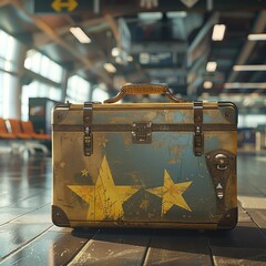 Retroinspired suitcase at an airport, evoking the golden age of air travel with a modern twist - obrazy, fototapety, plakaty