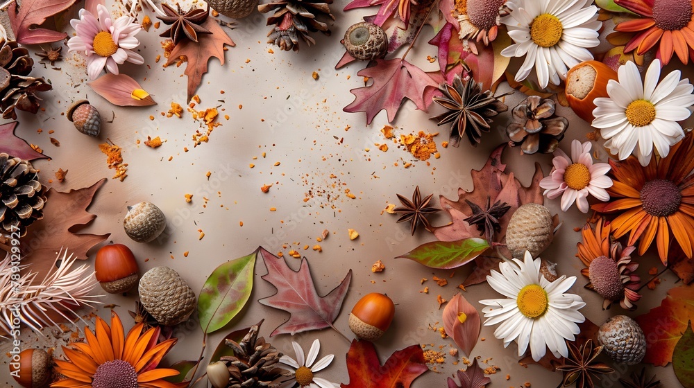 Poster autumn composition autumn flowers and leaves acorn pine cone anise star flat lay top view copy space