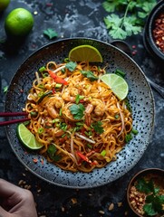 Generate a vibrant and energetic piece combining elements of sporty aesthetics with the flavors of Pad Thai - obrazy, fototapety, plakaty