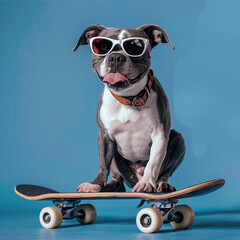 funny dog portrait with sunglasses on a skateboard - by generative ai