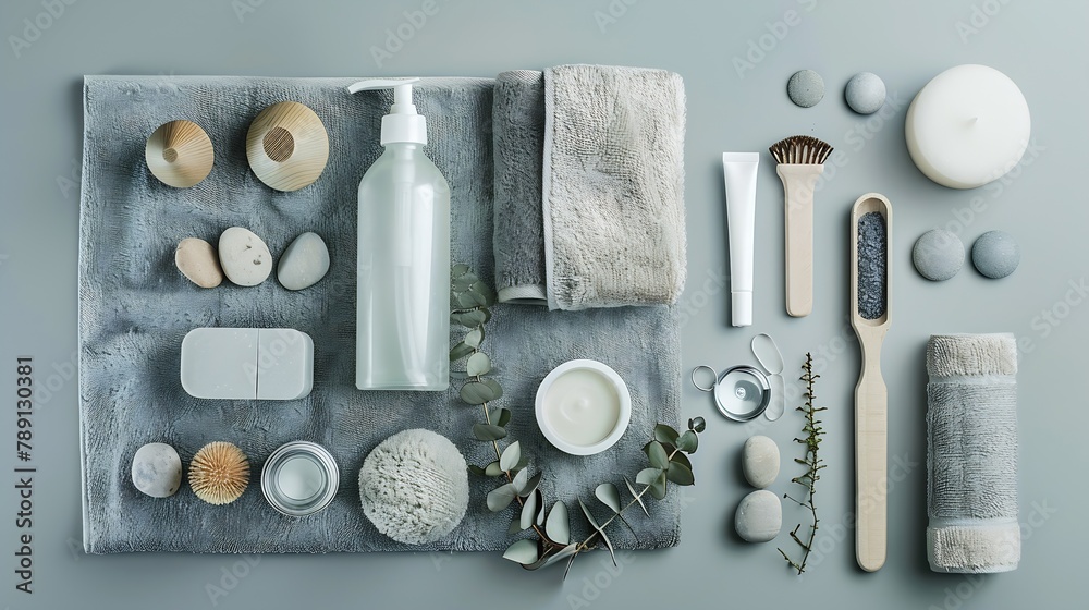 Poster various spa related objects on gray background top view body and skin care flat lay with copy space 