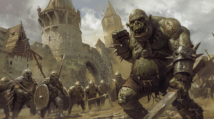 fantasy army battle warrior knight medieval troll orc monster - by generative ai