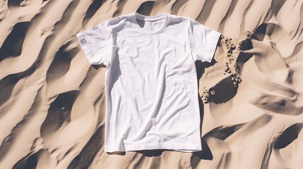 Mockup white not wrinkled summer tshirt shopper copy space Sand beach texture background Blank template woman man shirt Top view Summertime accessories Flatlay closeup tshirt Beachtime : Generative AI