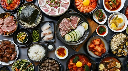Assortment of Korean traditional dishes Asian food Top view flat lay panorama : Generative AI