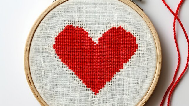 Create a heart shaped cross stitch using vibrant red thread