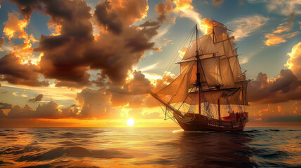 ship in the sea sailing nautical yacht sunset sailboat ocean - by generative ai