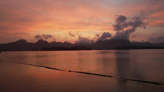 Aerial view of Khao Sok national park at sunrise, in Cheow lan lake, Surat Thani, Thailand