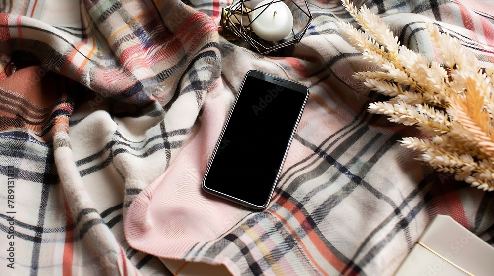 Poster flat lay of cellphone on blanket plaid with notebooks blank copy space mockup template screen displa