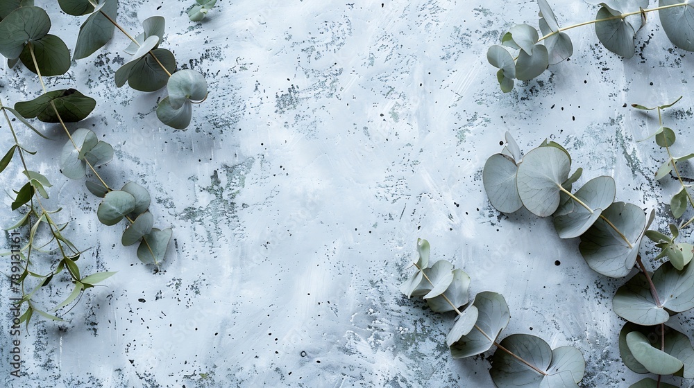 Poster feminine styled stock photo floral composition of green silver dollar eucalyptus leaves and branches