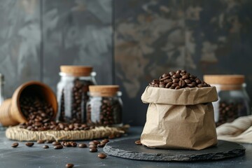 Luxurious coffee brand  elegant paper bag mockup with brown packaging and label, dark coffee beans
