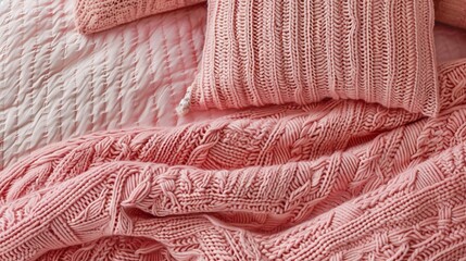 Bedding with a pink knitted plaid Copy space Flat lay top view : Generative AI