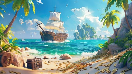 Modern cartoon seascape with sail boat after shipwreck on uninhabited island with gold coins, palm...