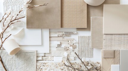 Stylish flat lay composition in brown gray and beige color palette with textile and paint samples...
