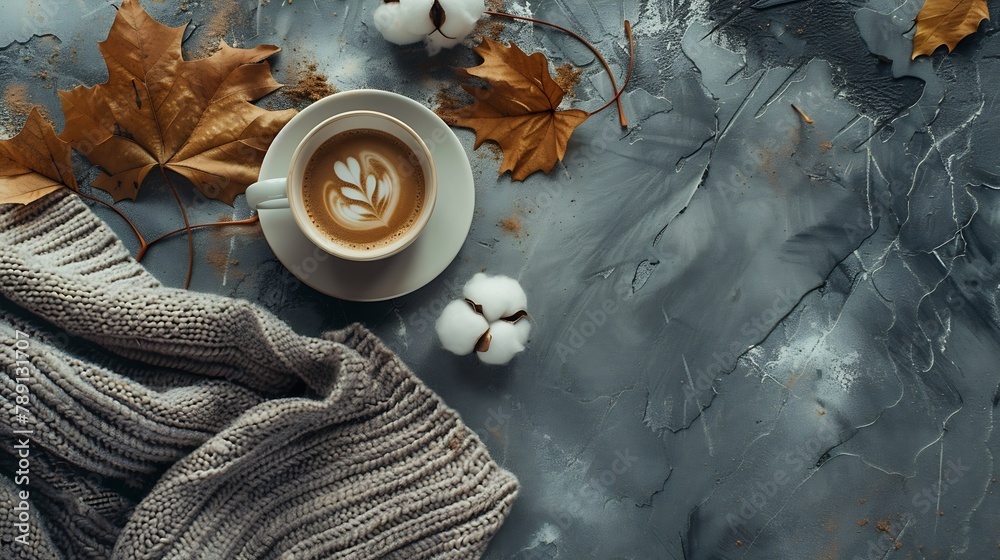 Poster autumn composition a cup of coffee cotton flowers autumn leaves and sweater on stone background flat
