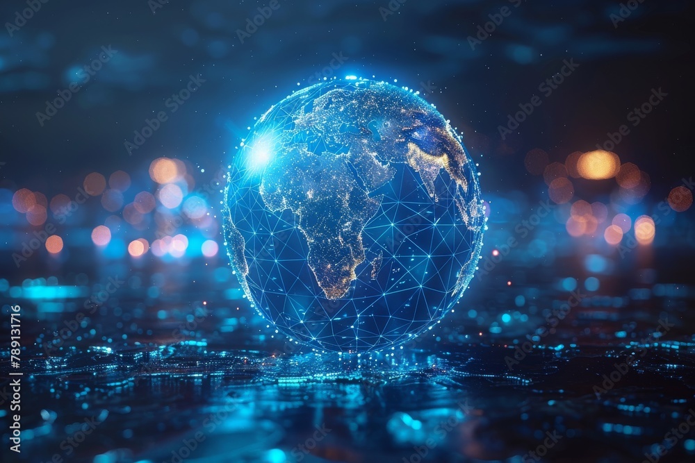 Poster a high-resolution image showcasing a digital globe with a dynamic futuristic interface against a bok