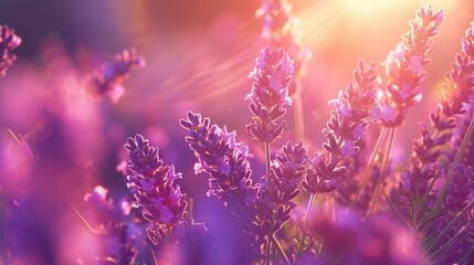 Vibrant Sunlight Ethereally Illuminating a Dense Cluster of Lavender - obrazy, fototapety, plakaty