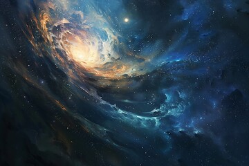 : A detailed brush painting of a swirling galaxy full of stars and planets