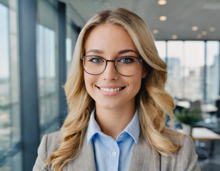 woman blonde portrait with googles long hair in office business agency interior - obrazy, fototapety, plakaty