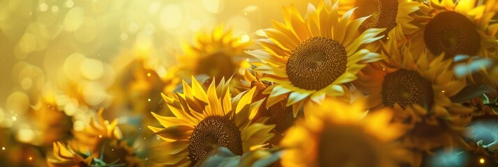 Vibrant Sunlight Glow A Closeup Cluster of Sunflowers Basking in Ethereal Light