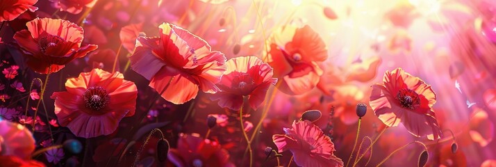 Vibrant Sunlight Glow on a Dense Cluster of Poppies - obrazy, fototapety, plakaty