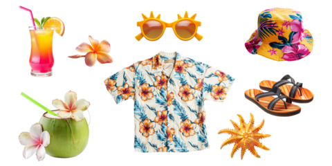 Set of Summer accessories elements for holiday vacation isolated on background, Beach items for swimming and relax, beach ball, seashell, hat and other.