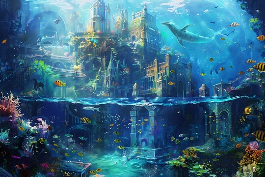 : A detailed brush painting of a mystical underwater city with mermaids and sea creatures