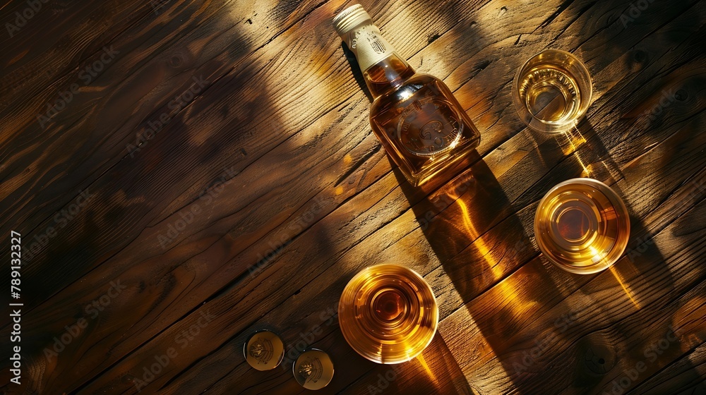 Poster scotch whiskey bottle and glasses on wooden table with copy space top view flat lay : generative ai