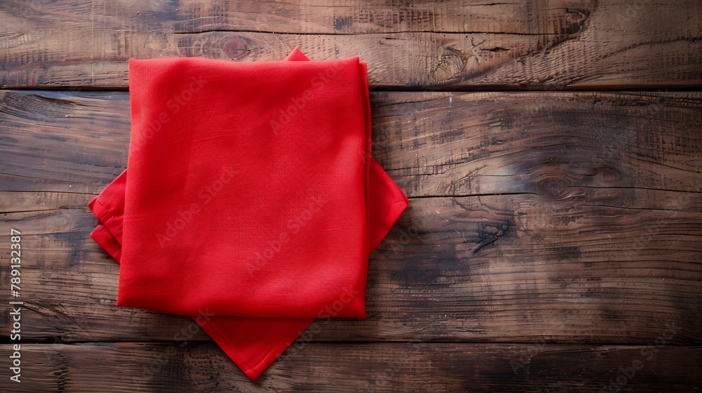 Aufkleber top view with red empty kitchen napkin isolated on table background Folded cloth for mockup with copy space Flat lay Minimal style : Generative AI