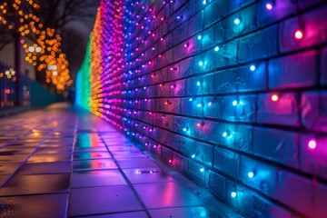 A colorful tunnel of festive lights lining a brick pedestrian path, creating a captivating light...