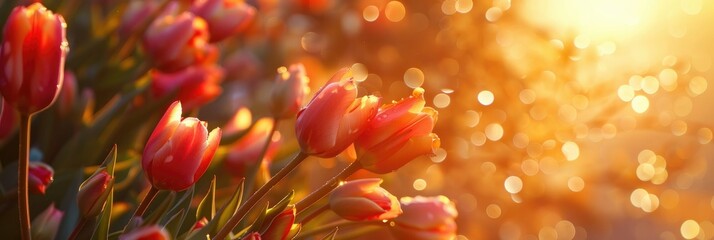 Vibrant Tulips Glowing in Ethereal Sunlight - A Dense Cluster Radiating Life - obrazy, fototapety, plakaty