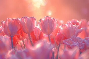 Vibrant Tulips Glowing in Ethereal Sunlight: A Radiant Cluster Blooming with Life - obrazy, fototapety, plakaty