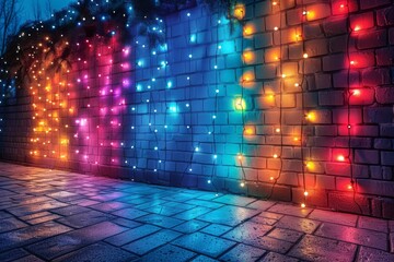 Stunning view of colorful festive lights illuminating a brick wall and paving stones in a charismatic pattern