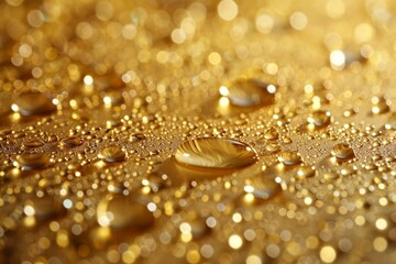 Golden water droplets glisten on a shiny surface, creating a luxurious and rich texture