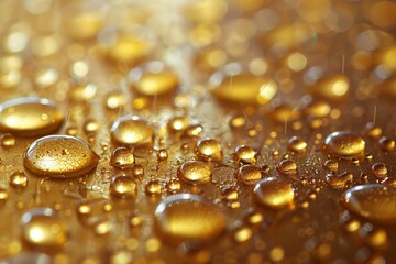 Close-up shot emphasizing the texture and sparkle of golden water droplets on a smooth surface