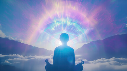 silhouette of a person meditating, sky and light